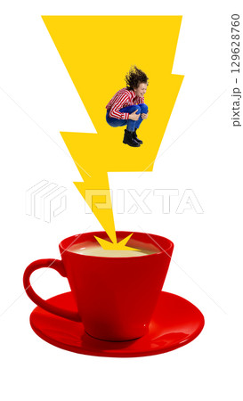 Bold poster. Smiling woman crouching inside yellow lightning bolt above red coffee cup on white background Bold poster. Smiling woman crouching inside yellow lightning bolt above red coffee cup on white background 129628760