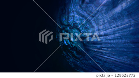 暗い宇宙空間を静寂とともに光速で進むグロテスクな衛星が青黒く映し出されるSFチックなイメージ合成画像 129628772