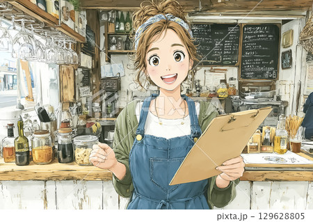 美優シリーズ：食事処でメニューを持って案内する女性スタッフ  129628805