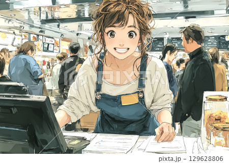 美優シリーズ：フードコートのスタッフがレジで会計する女性 129628806