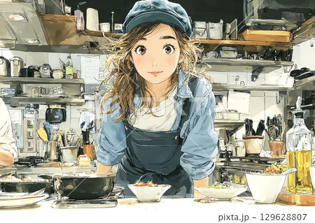 美優シリーズ：カフェの厨房で調理する女性スタッフ  129628807