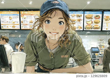 美優シリーズ：ファストフード店のカウンターで注文を取る女性スタッフ  129628809