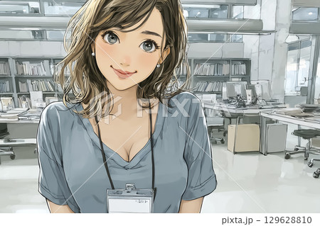 図書館で案内する日本人女性スタッフ 129628810