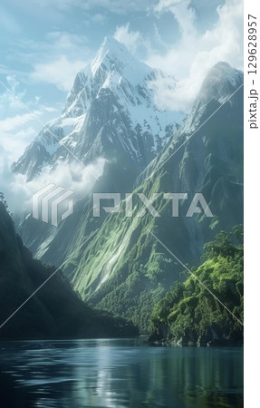 Majestic mountain landscape with snow peaks reflecting in tranquil lake surrounded by lush greenery during cloudy day 129628957