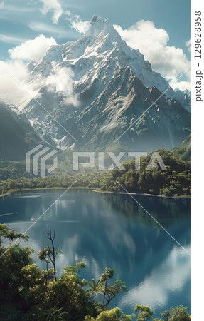 Majestic mountain landscape with snow peaks reflecting in tranquil lake surrounded by lush greenery during cloudy day 129628958
