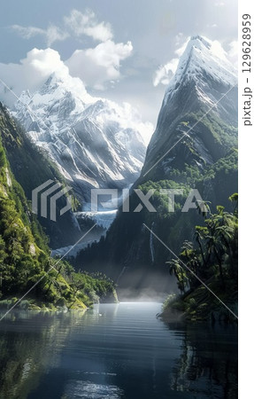 Majestic mountain landscape with snow peaks reflecting in tranquil lake surrounded by lush greenery during cloudy day 129628959