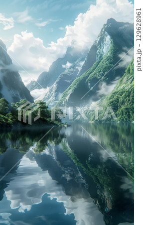 Majestic mountain landscape with snow peaks reflecting in tranquil lake surrounded by lush greenery during cloudy day 129628961