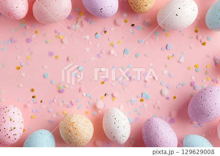 Easter composition. Easter eggs, confetti on pastel pink background. Flat lay, top view, copy space. Easter composition. Easter eggs, confetti on pastel pink background. Flat lay, top view, copy space. 129629008