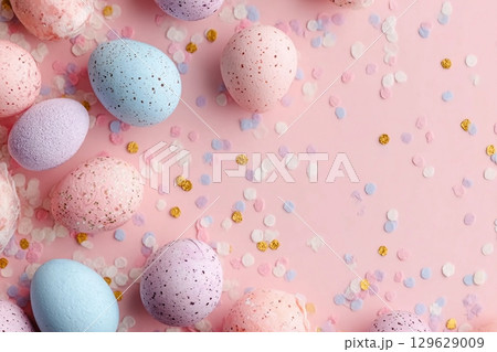 Easter composition. Easter eggs, confetti on pastel pink background. Flat lay, top view, copy space. 129629009