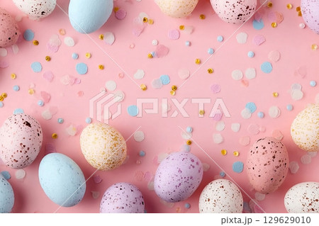 Easter composition. Easter eggs, confetti on pastel pink background. Flat lay, top view, copy space. 129629010