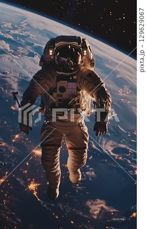 astronaut in space suit and helmet floating on the Earth orbit, space exploration concept 129629067