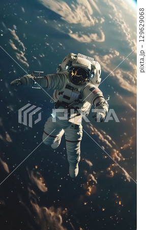 astronaut in space suit and helmet floating on the Earth orbit, space exploration concept 129629068