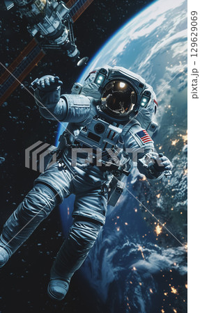 astronaut in space suit and helmet floating on the Earth orbit, space exploration concept 129629069