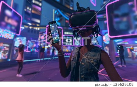 Futuristic neon city where people navigate virtual worlds using VR headsets and smartphones, surrounded by holographic billboards, immersive tech, and digital avatars Futuristic neon city where people navigate virtual worlds using VR headsets and smartphones, surrounded by holographic billboards, immersive tech, and digital avatars 129629109