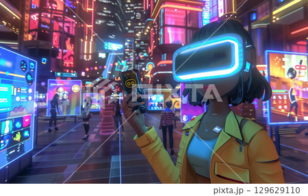 Futuristic neon city where people navigate virtual worlds using VR headsets and smartphones, surrounded by holographic billboards, immersive tech, and digital avatars Futuristic neon city where people navigate virtual worlds using VR headsets and smartphones, surrounded by holographic billboards, immersive tech, and digital avatars 129629110