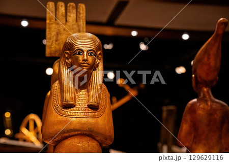 Royal Golden Statue Of Ancient Egyptian Pharaoh, Ancient Exhibit In Museum 129629116