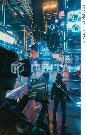 Futuristic neon city where people navigate virtual worlds using VR headsets and smartphones, surrounded by holographic billboards, immersive tech, and digital avatars Futuristic neon city where people navigate virtual worlds using VR headsets and smartphones, surrounded by holographic billboards, immersive tech, and digital avatars 129629118