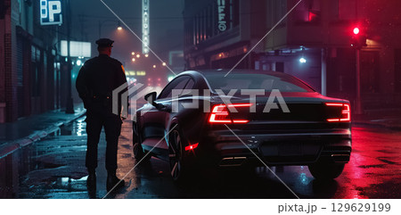 A police officer stands near patrol cars on a misty street at night, with blue and red lights reflecting on the wet road, creating a tense atmosphere of a potential crime scene A police officer stands near patrol cars on a misty street at night, with blue and red lights reflecting on the wet road, creating a tense atmosphere of a potential crime scene 129629199