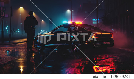 A police officer stands near patrol cars on a misty street at night, with blue and red lights reflecting on the wet road, creating a tense atmosphere of a potential crime scene 129629201