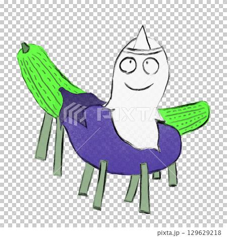 お盆の精霊馬と精霊牛のゆるかわイラスト(PNG) 129629218
