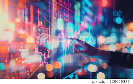 hand pointing at business chart or graph with financial data with bars and lines, strategy and corporate concept 129629328
