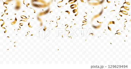 Gold confetti, serpentine ribbons vector background. Golden party festival banner with swirl streamers. Copy space. Festive illustration for gift, holiday, birthday celebration design Gold confetti, serpentine ribbons vector background. Golden party festival banner with swirl streamers. Copy space. Festive illustration for gift, holiday, birthday celebration design 129629494