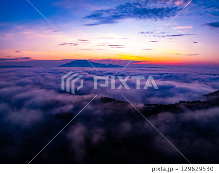 Drone aerial view of landscape mountains view in sunrise or sunset time,High angle view over countryside at northern Vietnam 129629530