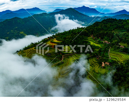 Drone aerial view of landscape mountains view in sunrise or sunset time,High angle view over countryside at northern Vietnam 129629584