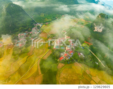 Drone aerial view of landscape mountains view in sunrise or sunset time,High angle view over countryside at northern Vietnam 129629605
