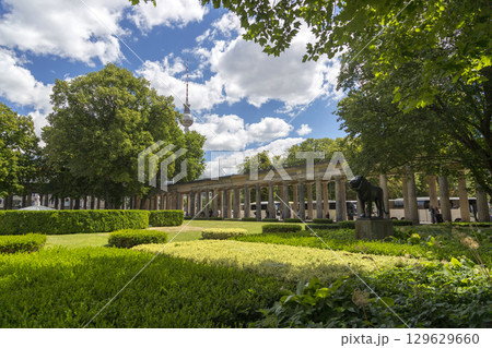 Berlin, Germany - July 01, 2018: Colonnade courtyard in front of the entrance of the Alte Nationalgalerie (Old National Gallery) in Berlin 129629660