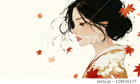秋の紅葉と着物を着た女性 129630177
