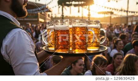 Waiter carrying a tray of beer through a crowded outdoor Oktoberfest beer garden at sunset. Waiter carrying a tray of beer through a crowded outdoor Oktoberfest beer garden at sunset. 129630429