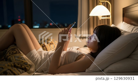 ベッドでスマホを見る女性 ベッドでスマホを見る女性 129630931