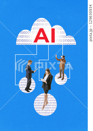 Collage of business team connected under AI cloud network on blue background 129630934