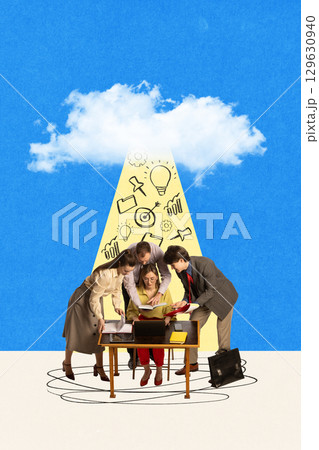 Creative digital artwork. Group of business people collaborating under symbolic cloud spotlight with icons 129630940