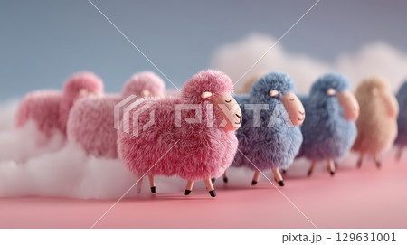 Insomnia and sleep disorder concept, Colorful sheep figures walking on a pastel background with clouds. 129631001