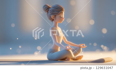 A serene woman meditating in a tranquil atmosphere. A serene woman meditating in a tranquil atmosphere. 129631047
