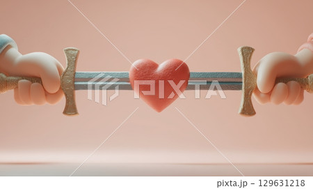 Anti war and peace concept, Hands pulling a sword with a heart in the center, symbolizing conflict in love. 129631218