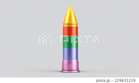 Anti war and peace concept, Colorful stacked cone with a golden tip against a neutral background. 129631219