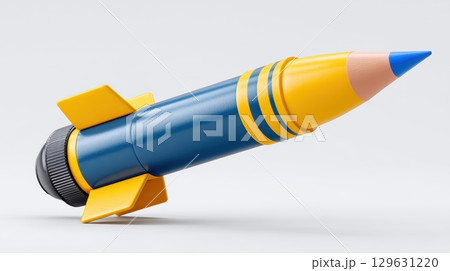 Anti war and peace concept, Rocket-shaped colored pencil with blue tip and yellow accents. 129631220