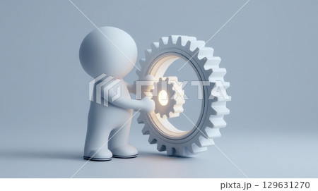 Best job candidate concept, 3D figure interacting with a gear in a minimalist setting. 129631270