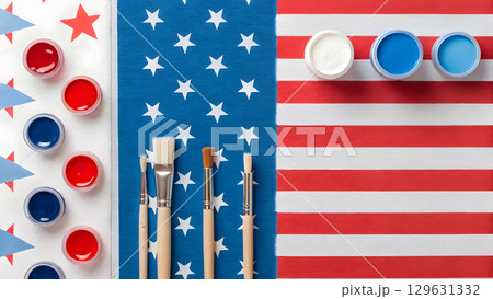 Creative painting setup for a patriotic celebration featuring red, white, and blue colors 129631332