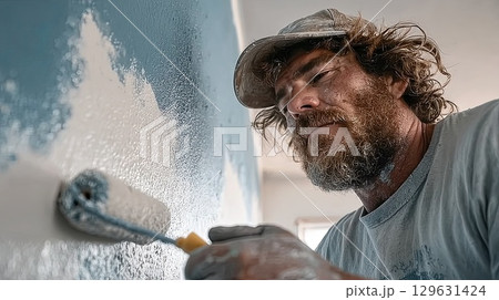 Painter using paint roller, applying white paint on blue wall Painter using paint roller, applying white paint on blue wall 129631424