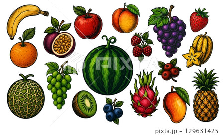 レトロ風フルーツイラストセット（ヴィンテージ風・オールドスクール） 129631425