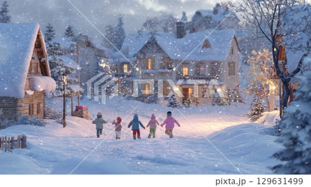Children running in snowy village during christmas time 129631499