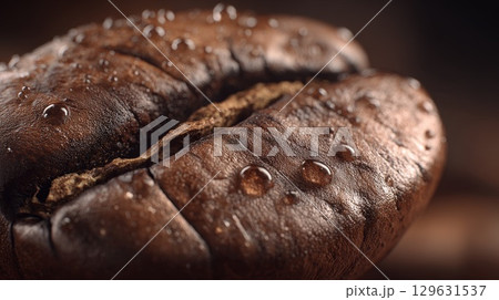 Roasted coffee bean showing water droplets on its surface 129631537