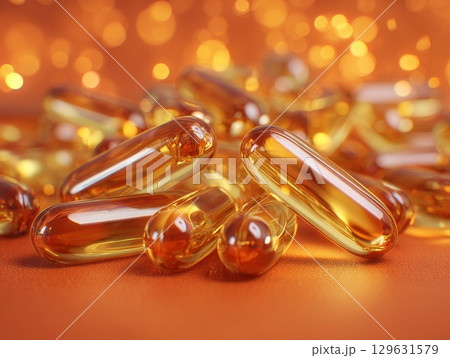 Fish oil capsules providing essential omega-3 fatty acids on orange background 129631579
