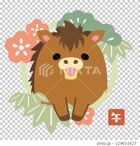 Chubby horse pine, bamboo, and plum emblem, Year of the Horse, cute illustration, New Year 2026, white background 129631627