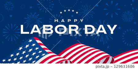 Labor Day card, fireworks and USA flag background, text banner 129631686