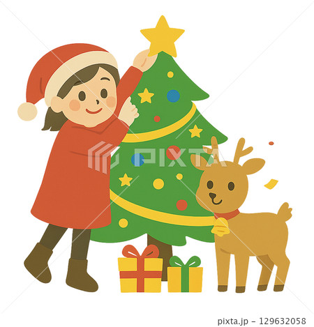 女の子とトナカイがクリスマスツリーを飾るイラスト 129632058